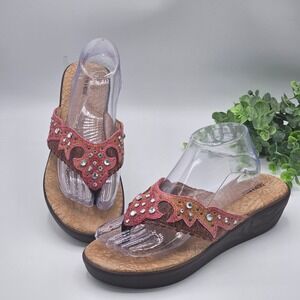 Durango Rhinestone Embellished Thong Sandals Wedge Pink 9M Cowgirl Festival Boho